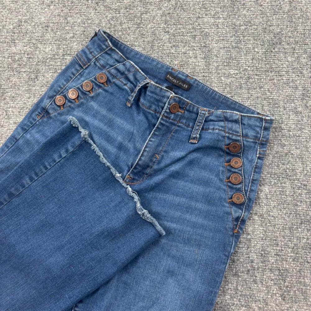 Sincerely Jules Flare Jeans 7/28 Blue Sailor‎ Button Raw Hem Womens